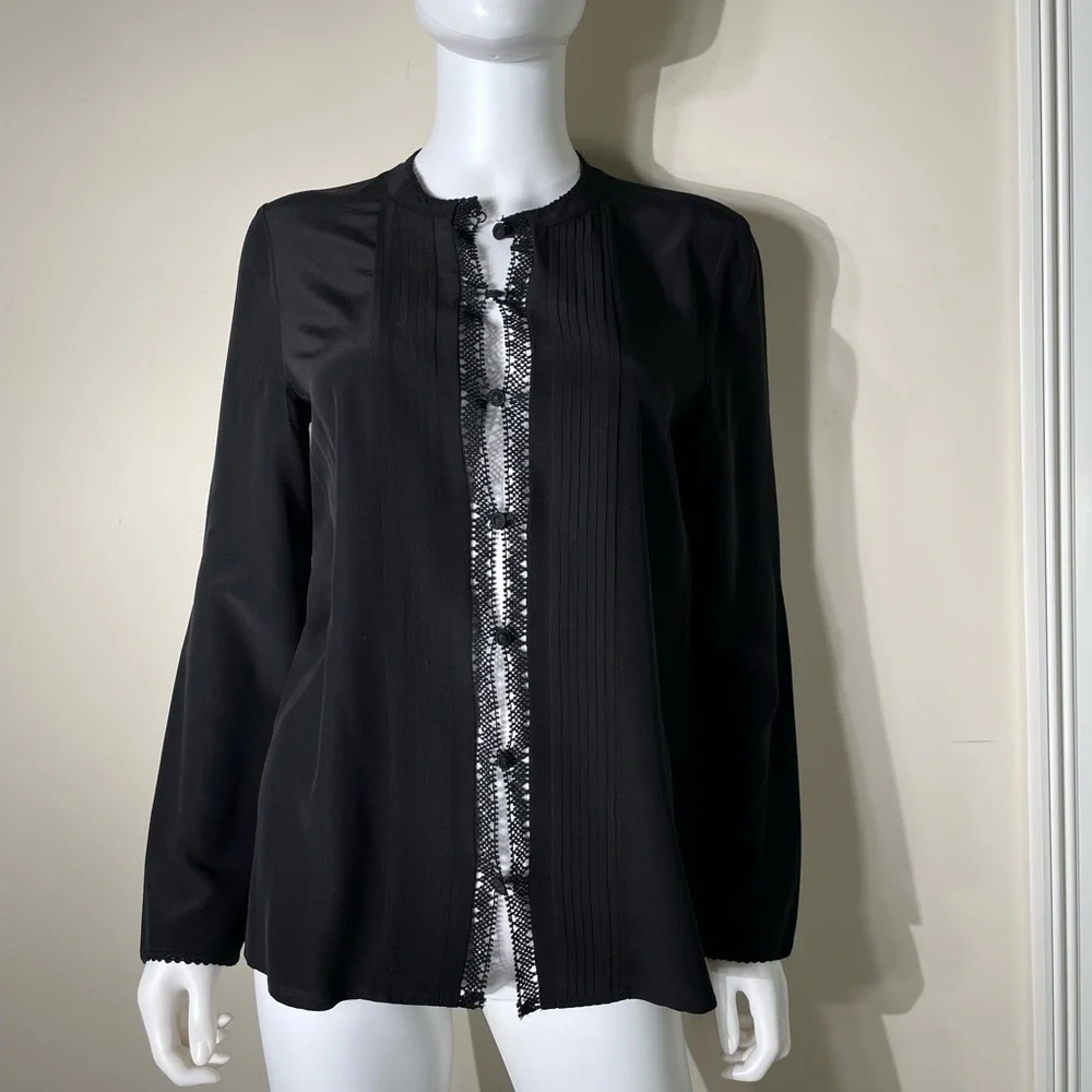 Tory Burch Blouse Black Button Down 100% Silk Sheer Sz 4 Long Sleeve Top Crochet